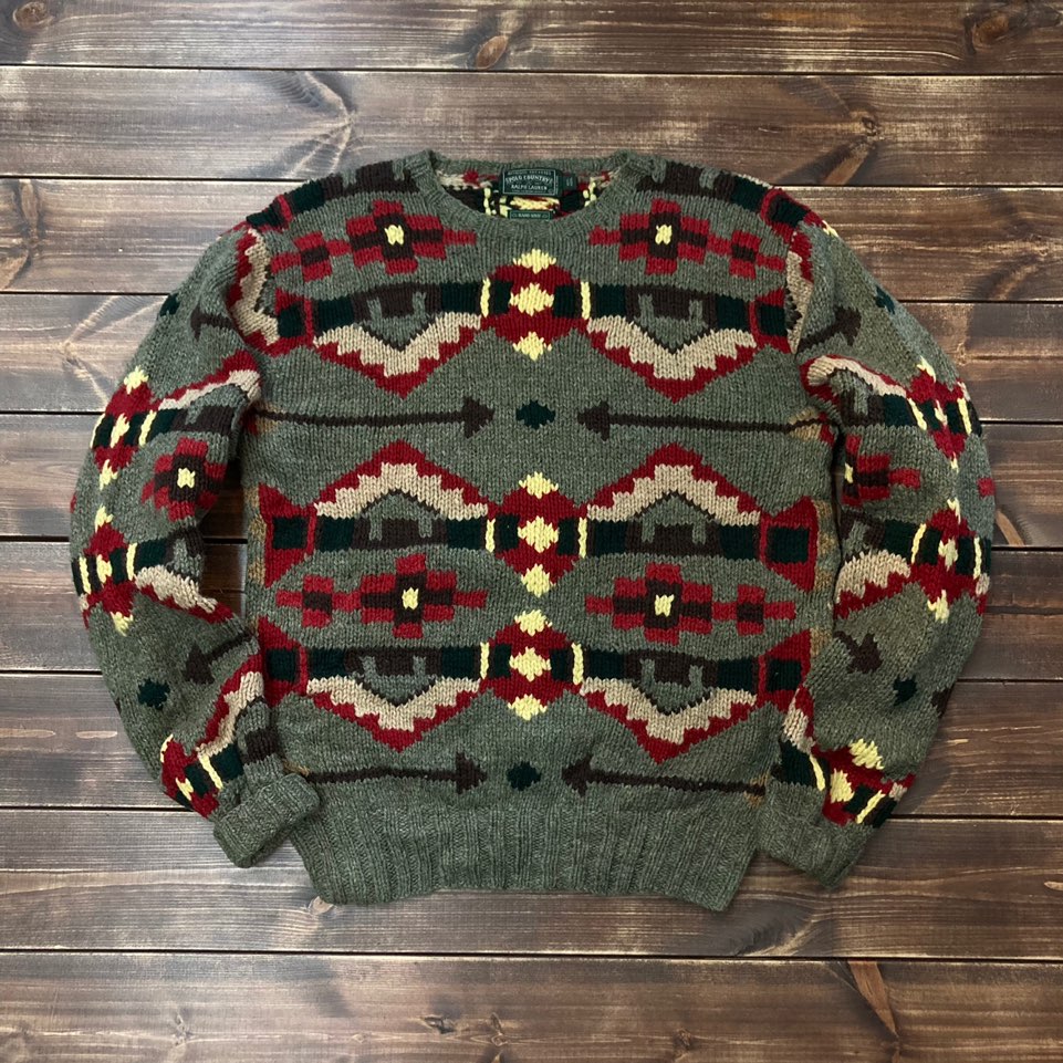 80&#039;s Polo country navajo pattern heavy wool hand kint sweater L (110)