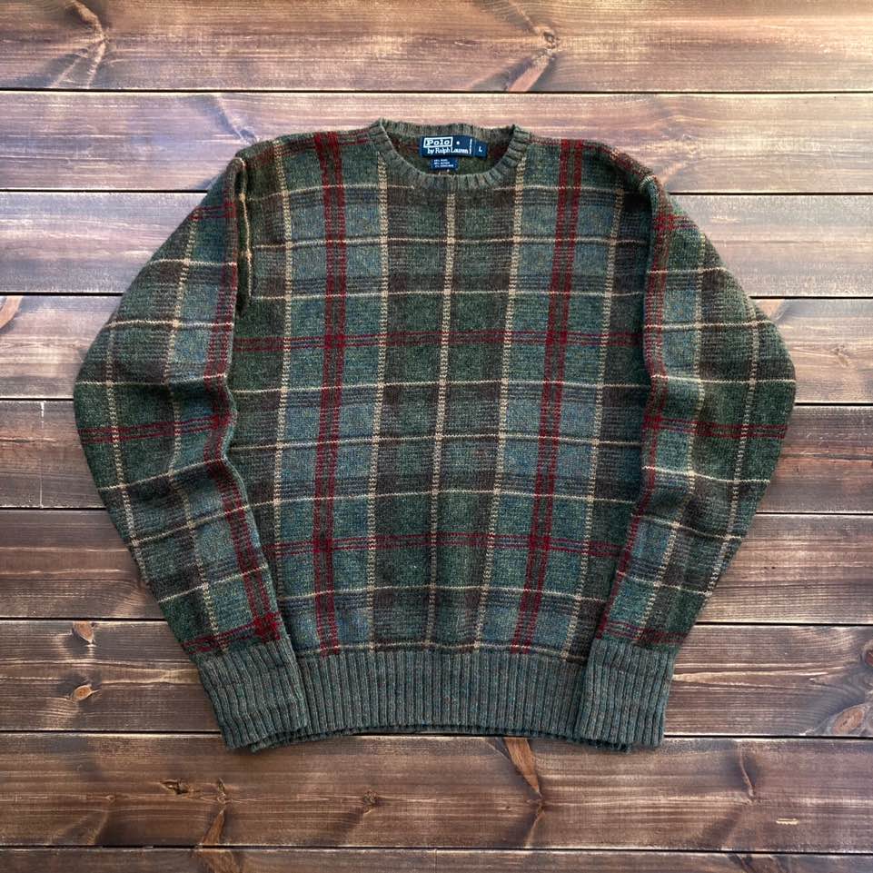 Polo ralph lauren check blended wool sweater L (loose 105)