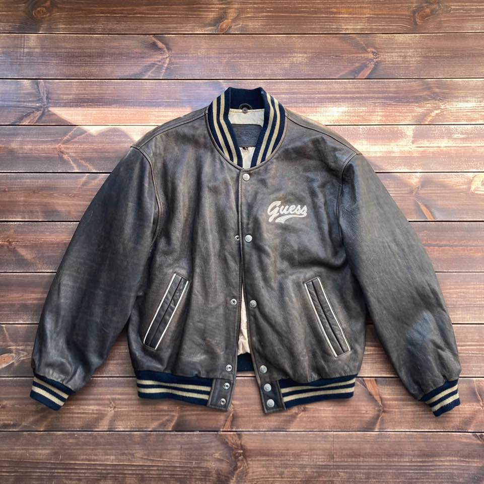1990&#039;s Guess leather varsity jacket M (loose 105)
